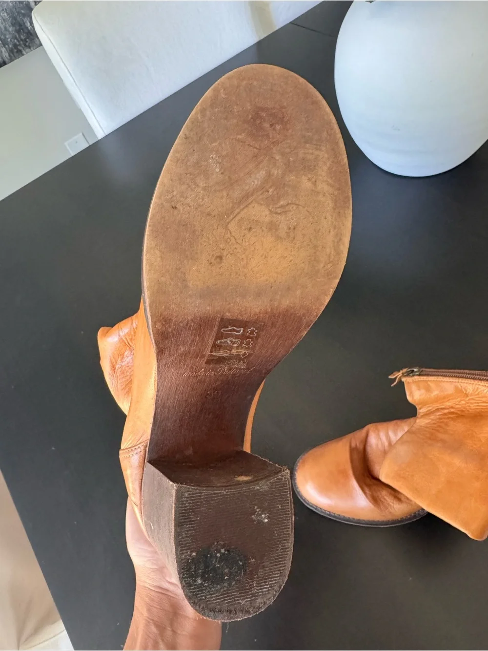 Free People Tan Elle Block Heel Mid Calf Leather Boot, Rounded Toe Tan Leather